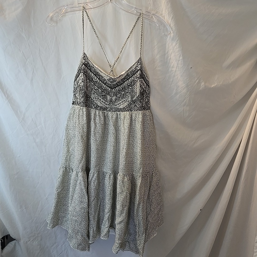 American Eagle Geometric Strappy Cream Smocked Mini Scoop Neck Dress S Boho-chic